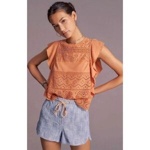 Anthropologie Coral Eyelet Sleeveless Flutter Top, Extra Small